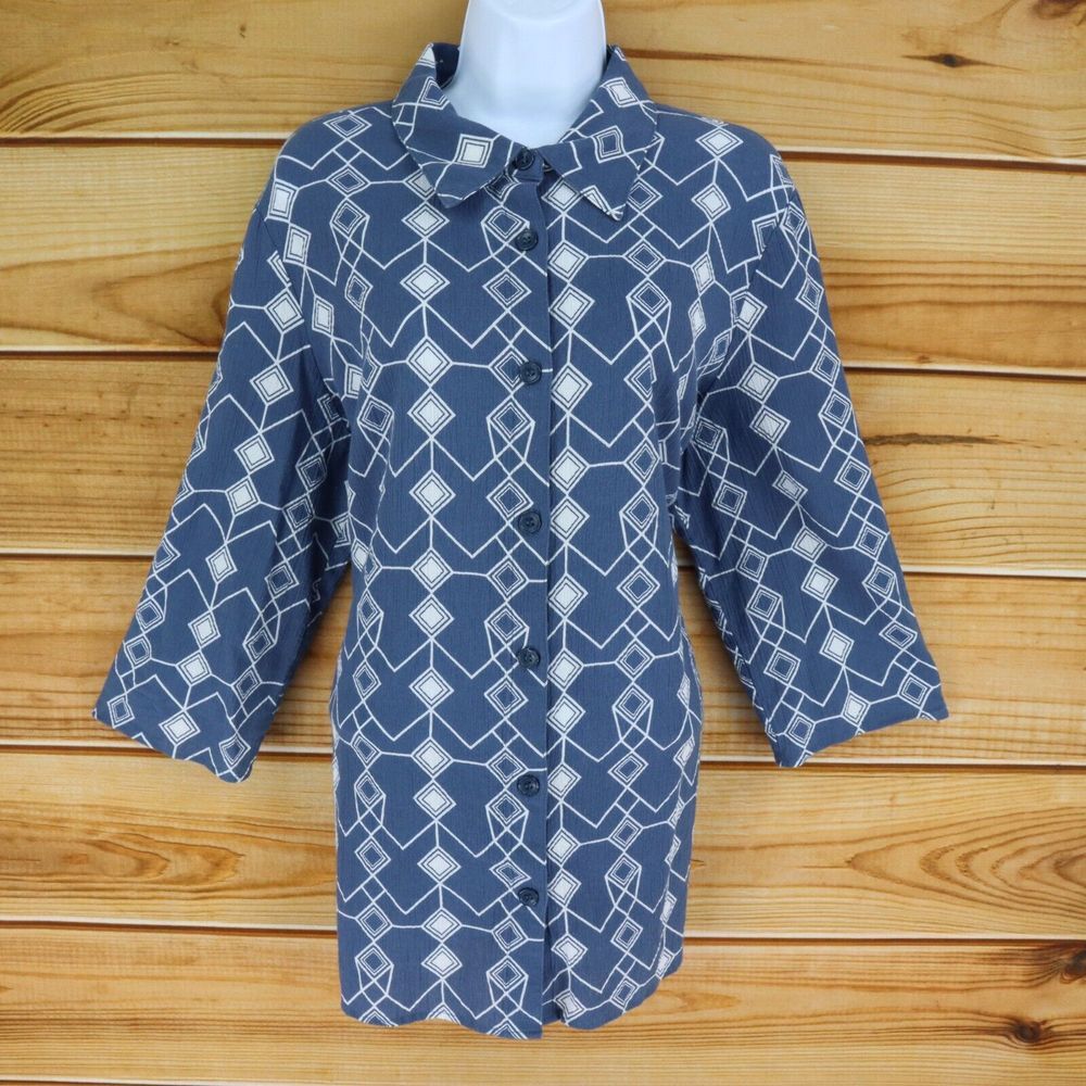 Vicki Wayne Button Up Long Shirt Womens XL Blue Geometric Polyester 3/4 Sleeve